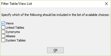 Filter Table/View List dialog